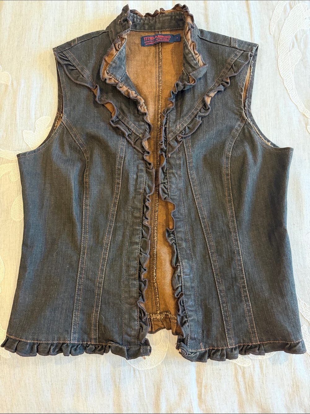 Tribal Dark Gray Ruffle Denim Sleeveless Vest